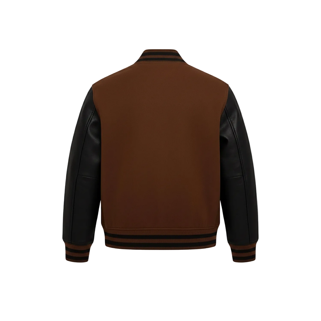 Brown and black varsity jacket on a white background
