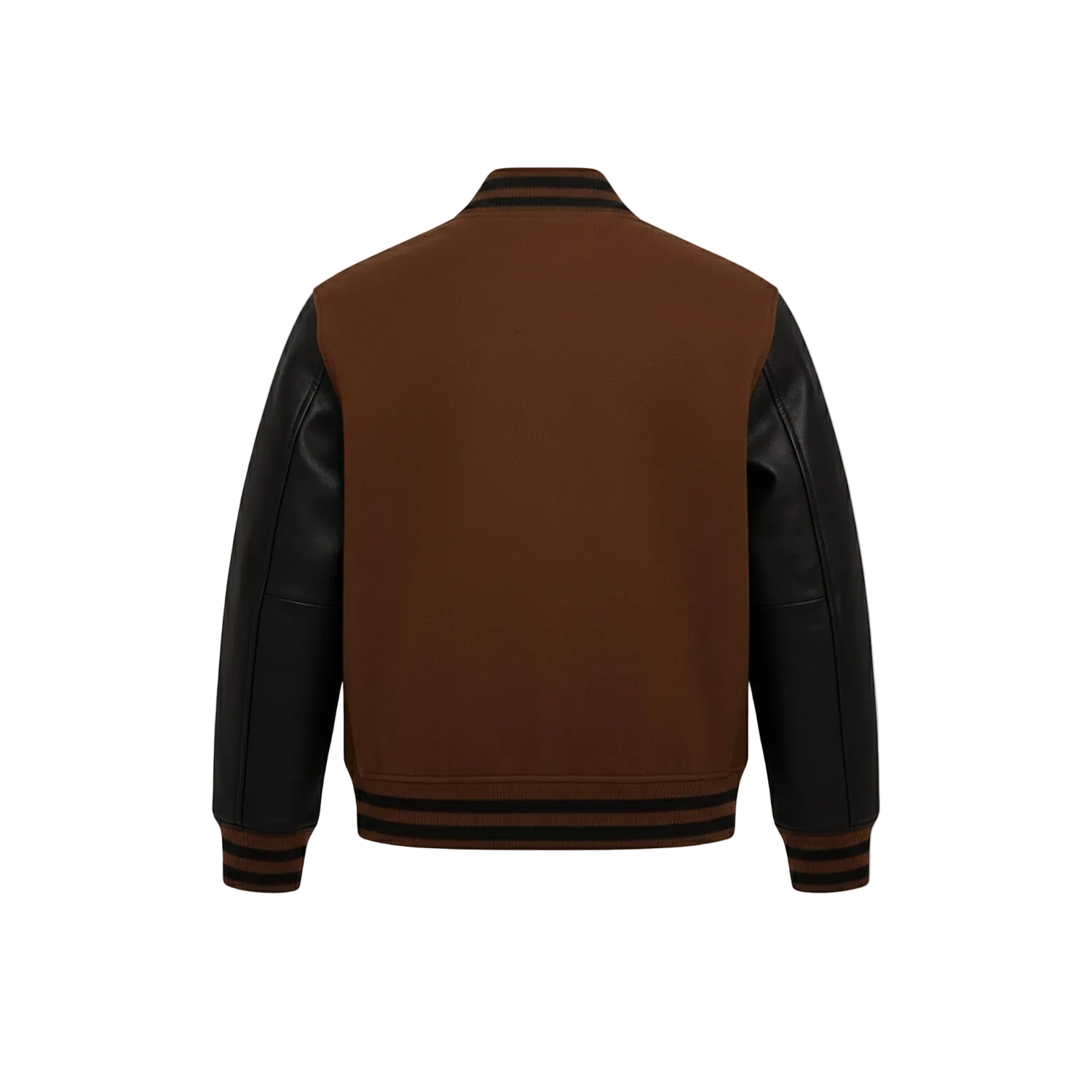 Brown and black varsity jacket on a white background