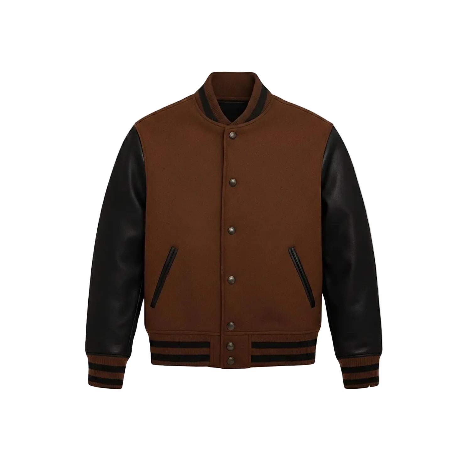 Brown and black varsity jacket on a white background with a brand logo.