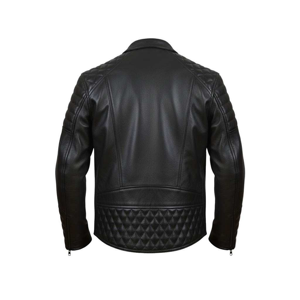 Black leather jacket with quilted design on hem, brand logo visible