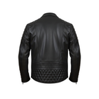Black leather jacket with quilted design on hem, brand logo visible