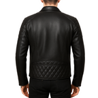 Black leather jacket with quilted design on a white background
