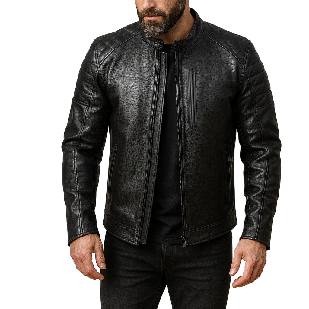 Black leather jacket worn by a person on a white background