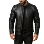 Black leather jacket worn by a person on a white background