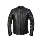 Black leather jacket on a white background with a brand logo.