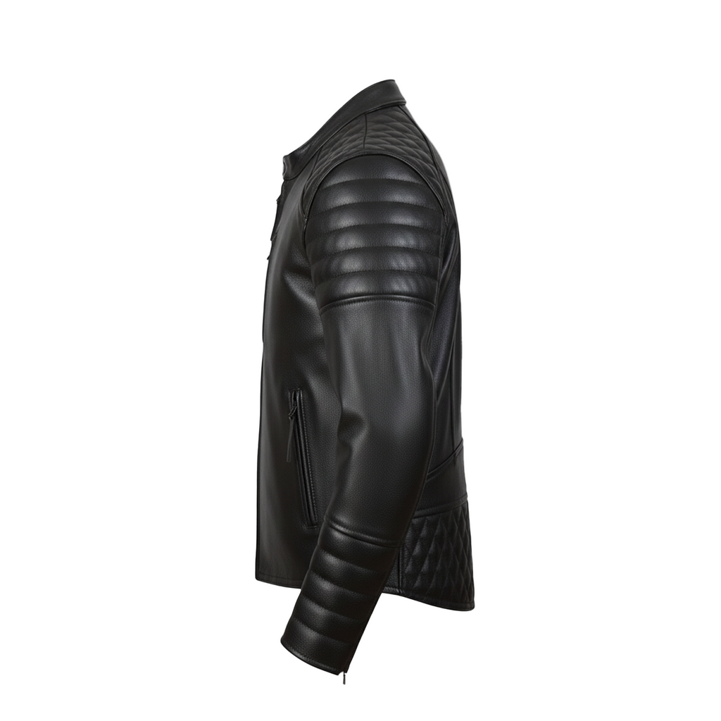 Black leather jacket with quilted design on a white background
