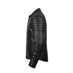 Black leather jacket with quilted design on a white background