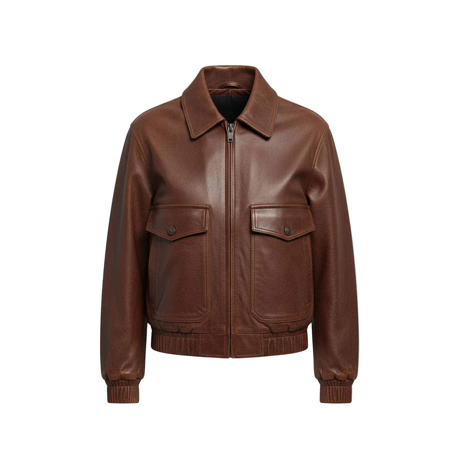 Brown leather jacket on a white background with a brand logo.