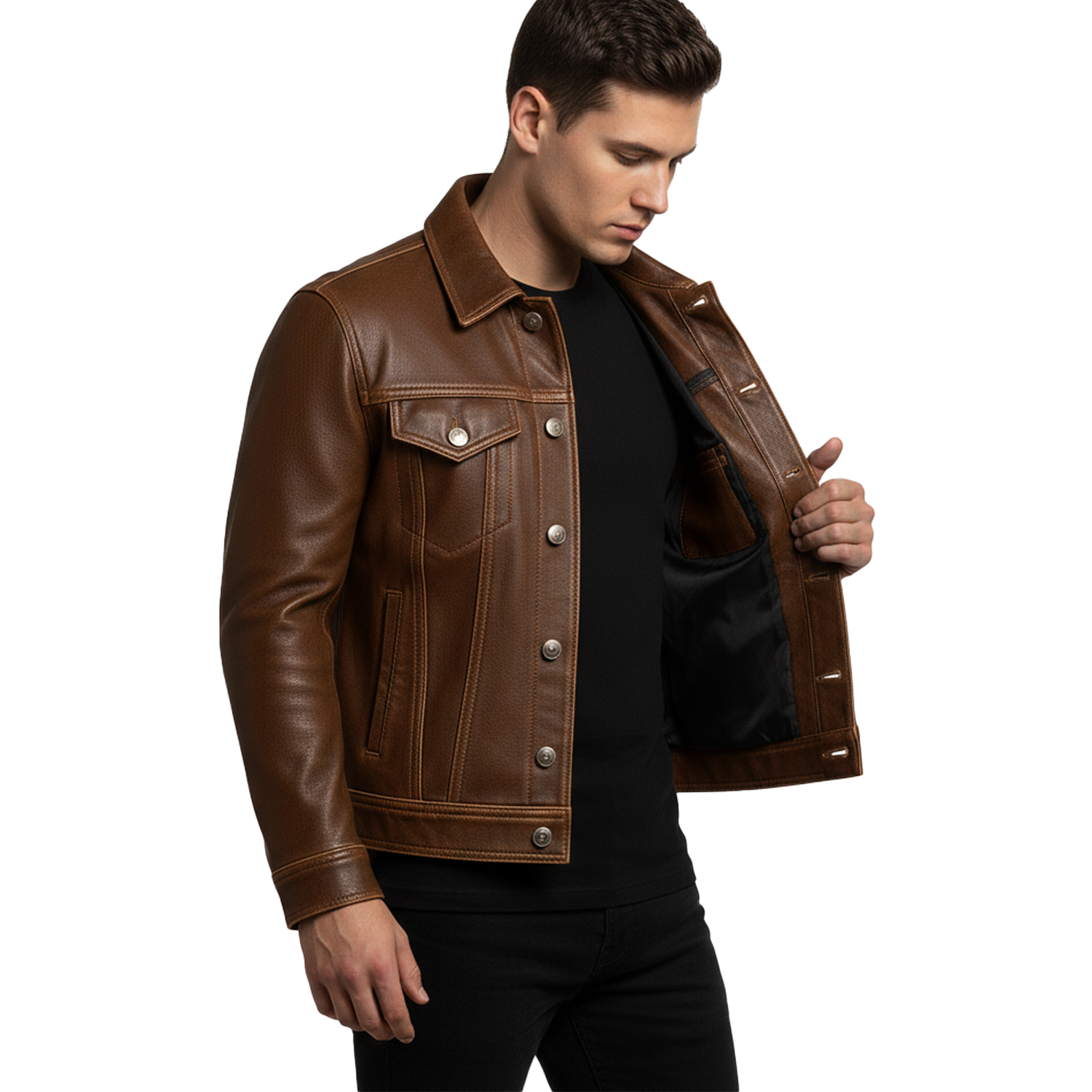 Men’s Classic Brown Vintage Leather Trucker Jacket – Real Cowhide Casual Outerwear with Button Closure and Chest Pockets