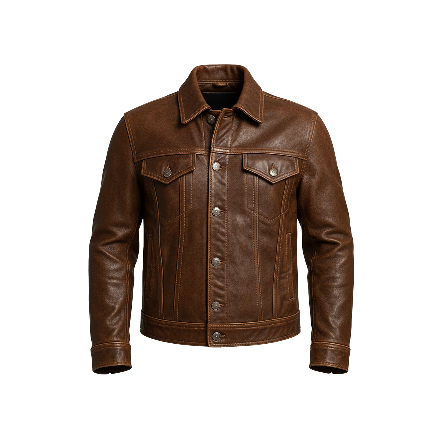Men’s Classic Brown Vintage Leather Trucker Jacket – Real Cowhide Casual Outerwear with Button Closure and Chest Pockets
