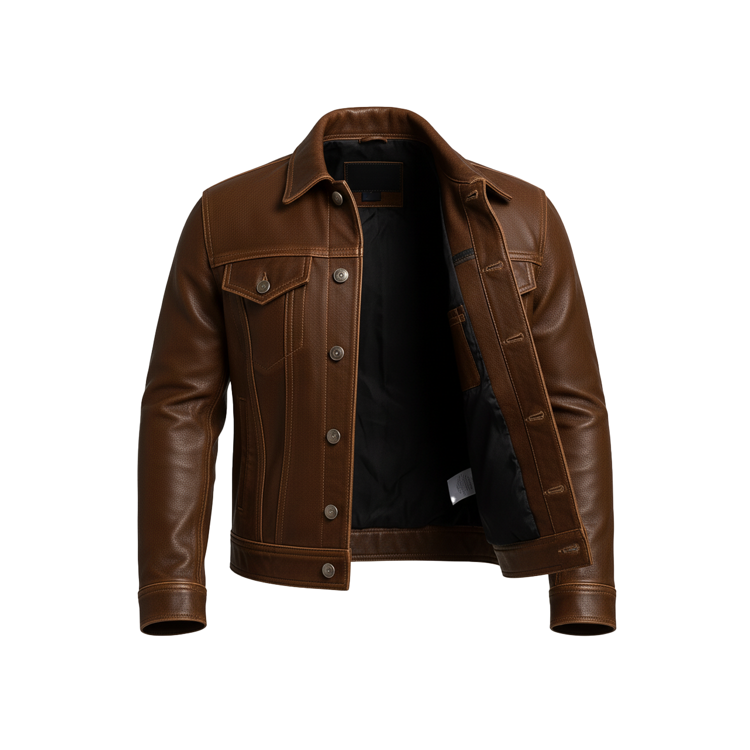 Men’s Classic Brown Vintage Leather Trucker Jacket – Real Cowhide Casual Outerwear with Button Closure and Chest Pockets