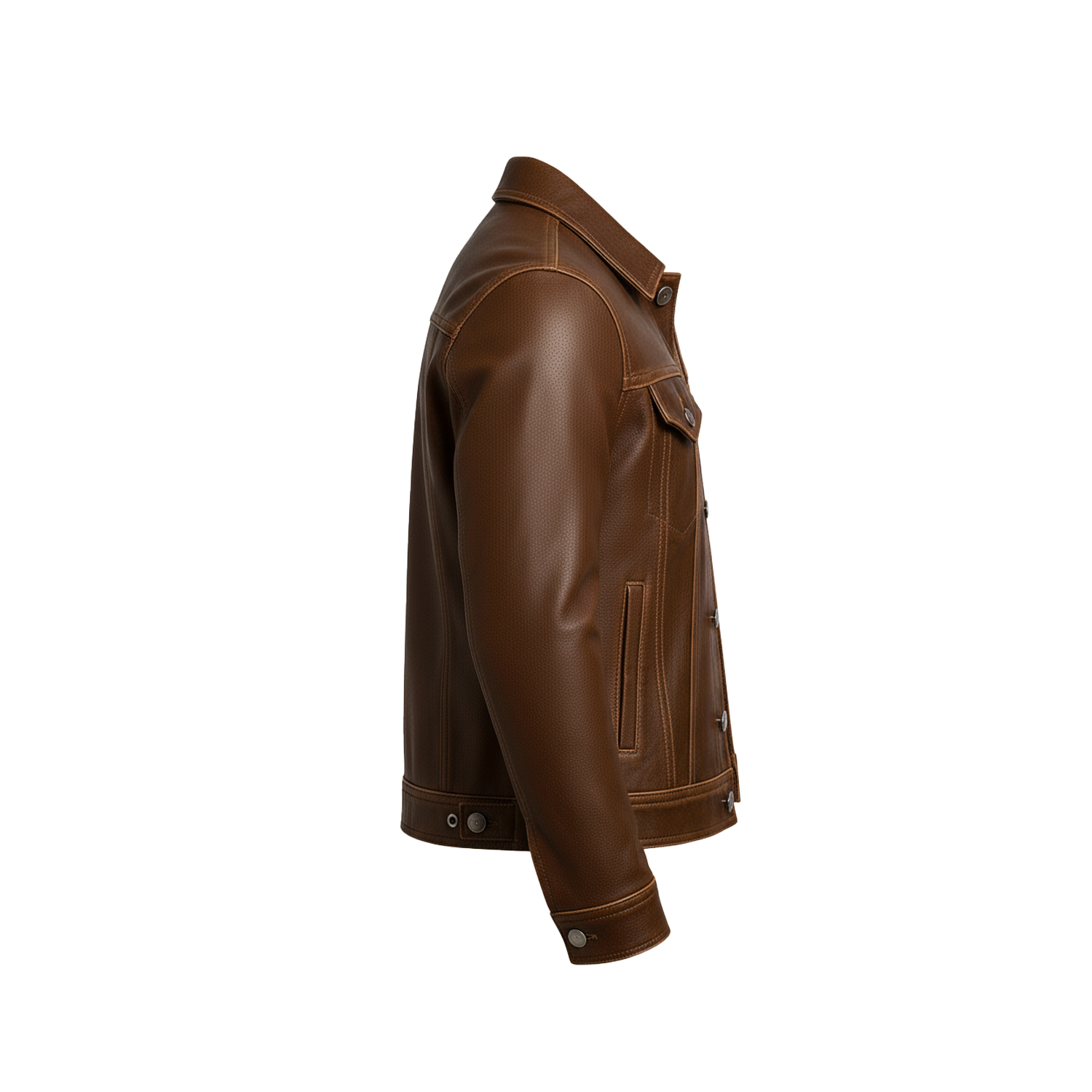 Men’s Classic Brown Vintage Leather Trucker Jacket – Real Cowhide Casual Outerwear with Button Closure and Chest Pockets