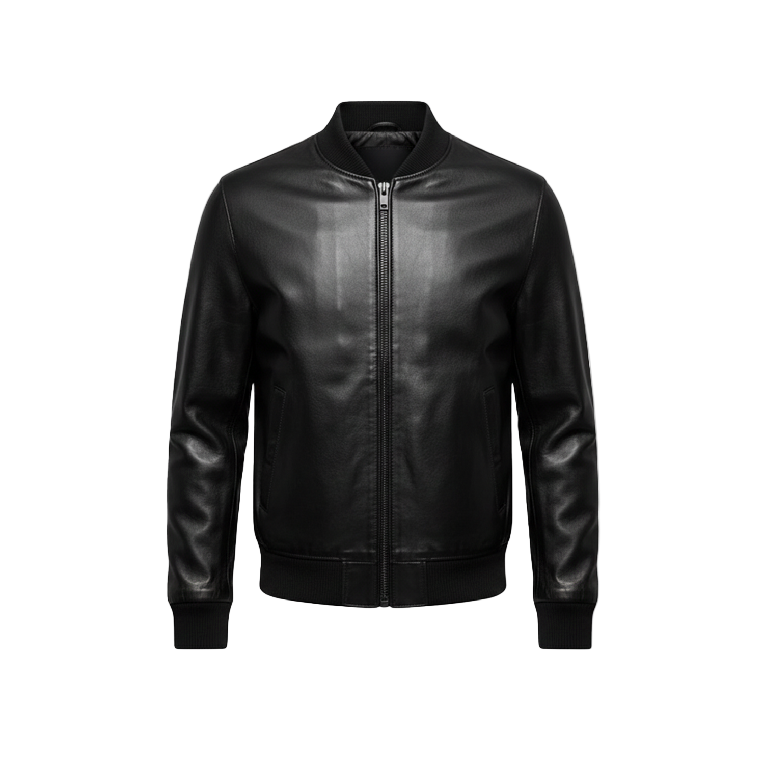 Black leather jacket on a white background with a brand logo.