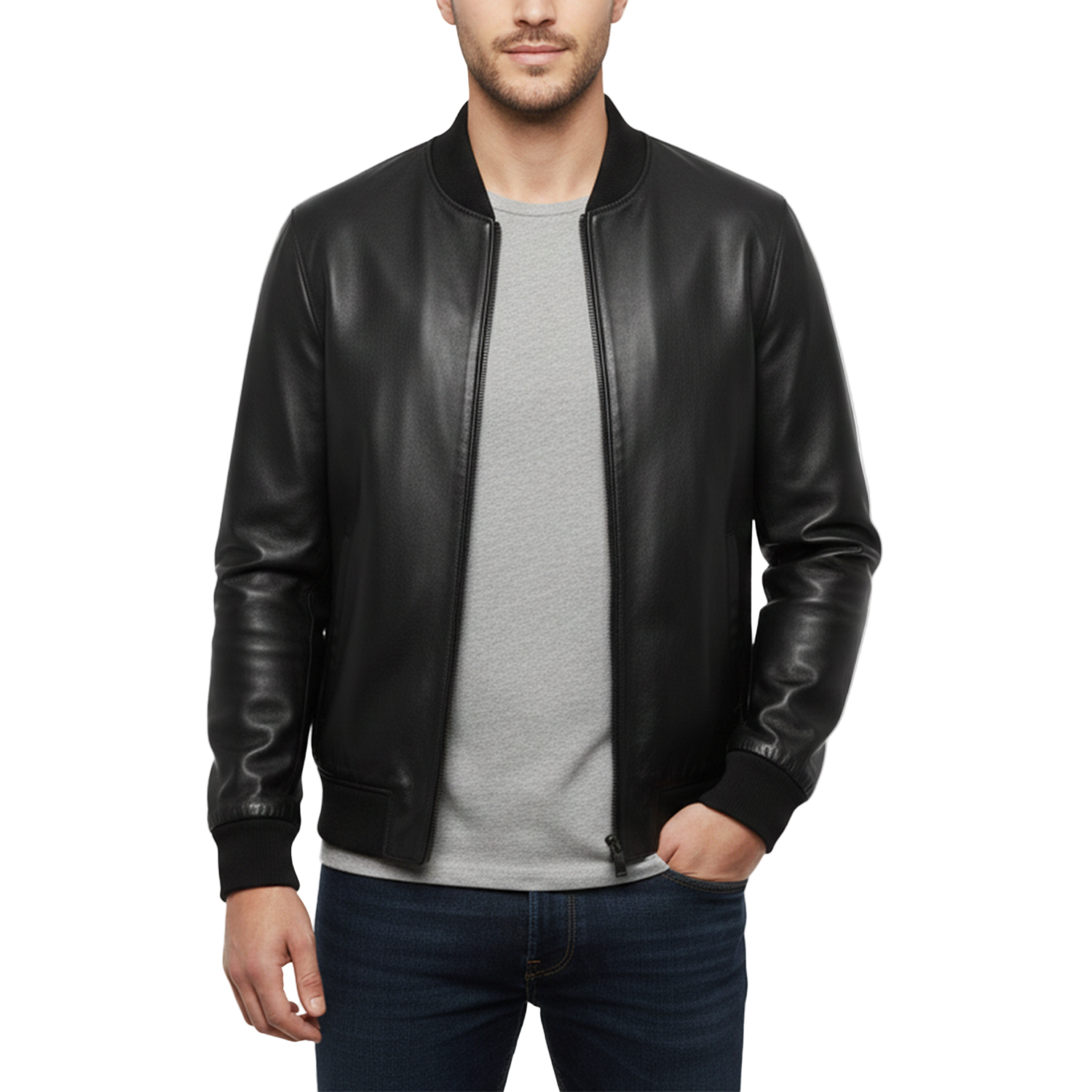 Man wearing a black leather jacket over a gray shirt on a white background