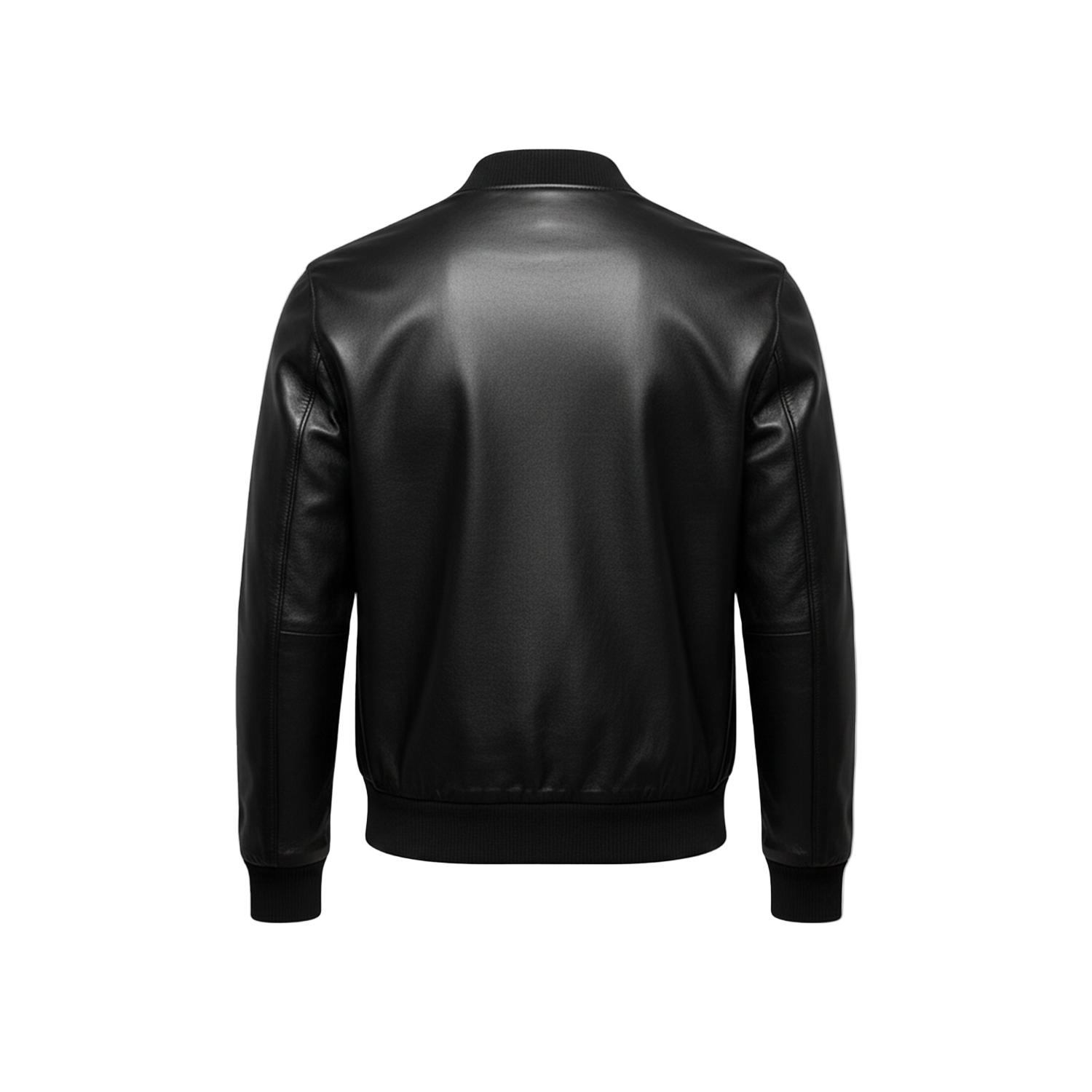 Black leather jacket on a white background with a brand logo.