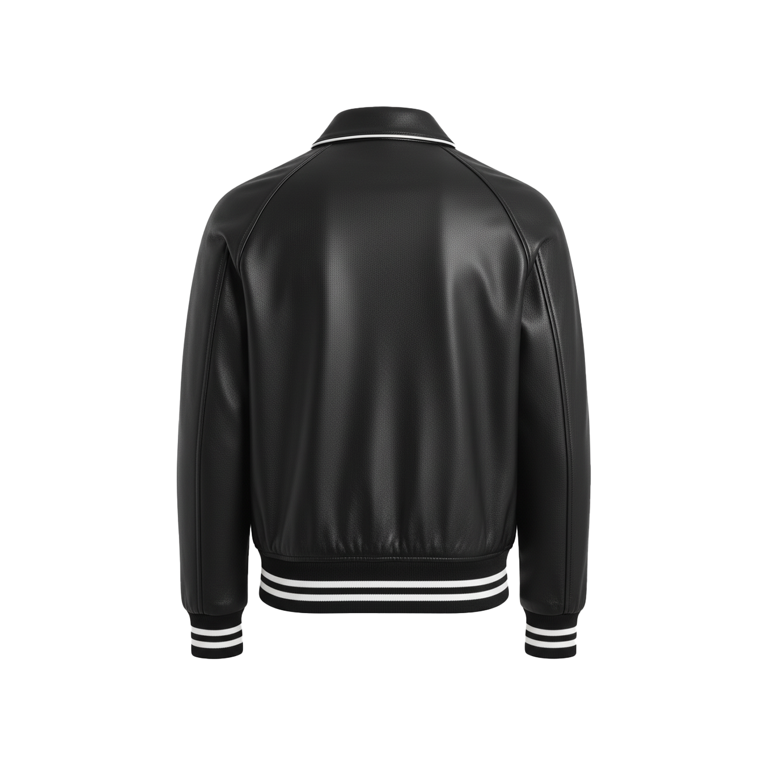 Black leather jacket with white trim on a white background