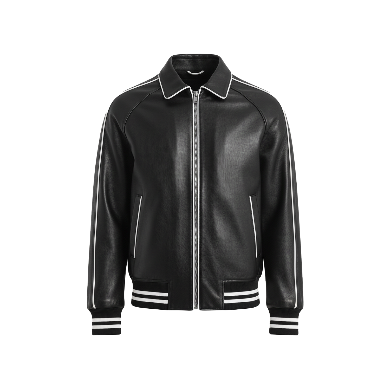 Black leather jacket with white accents on a white background