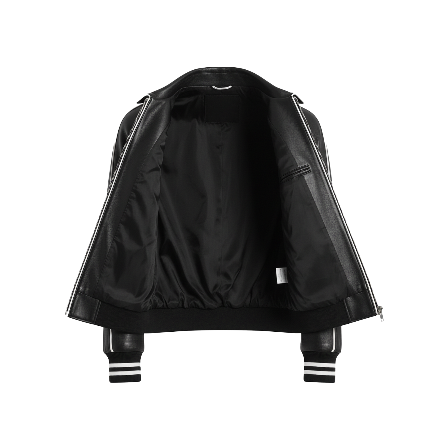 Black jacket with white stripes on sleeves and pants on a white background
