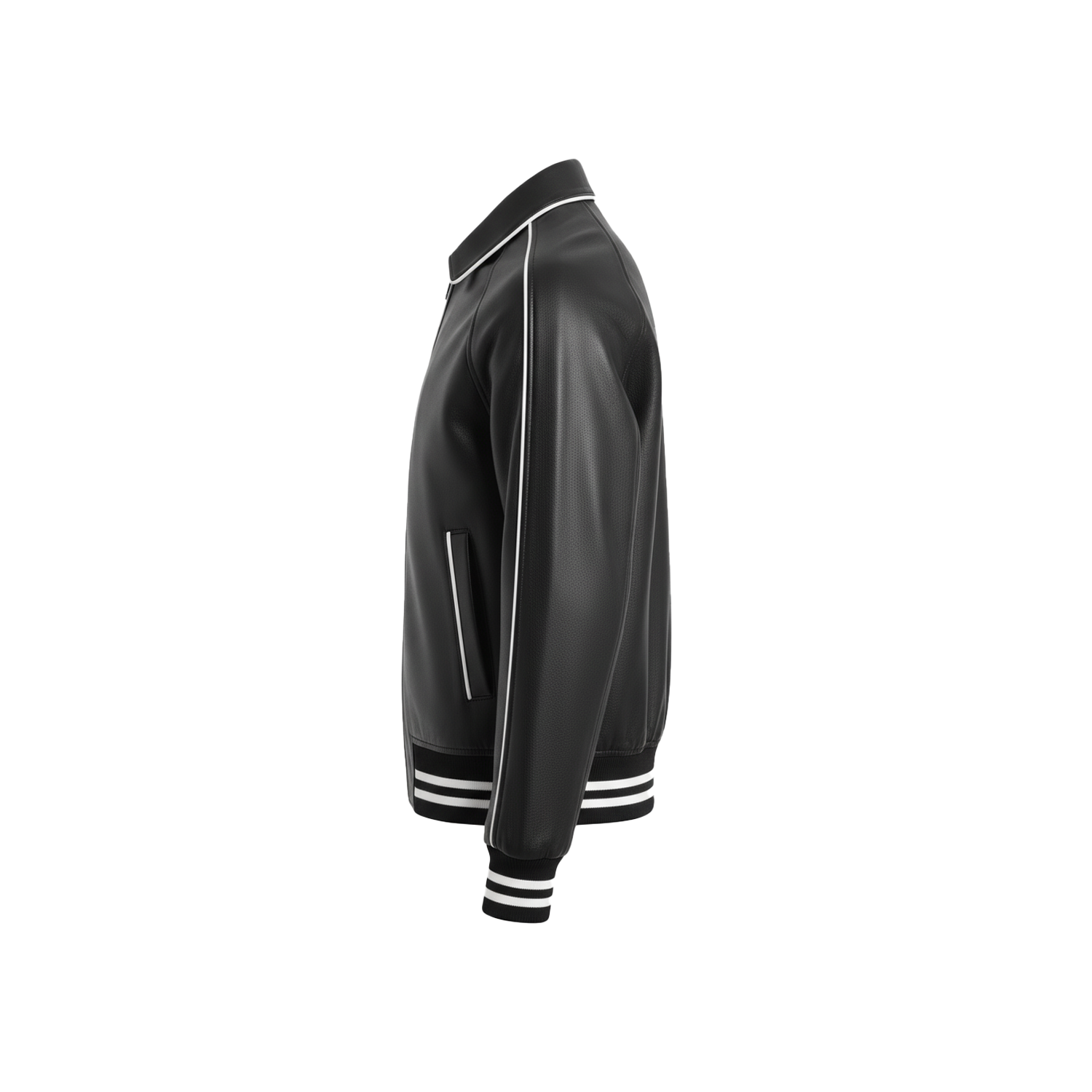 Black jacket with white accents on a white background