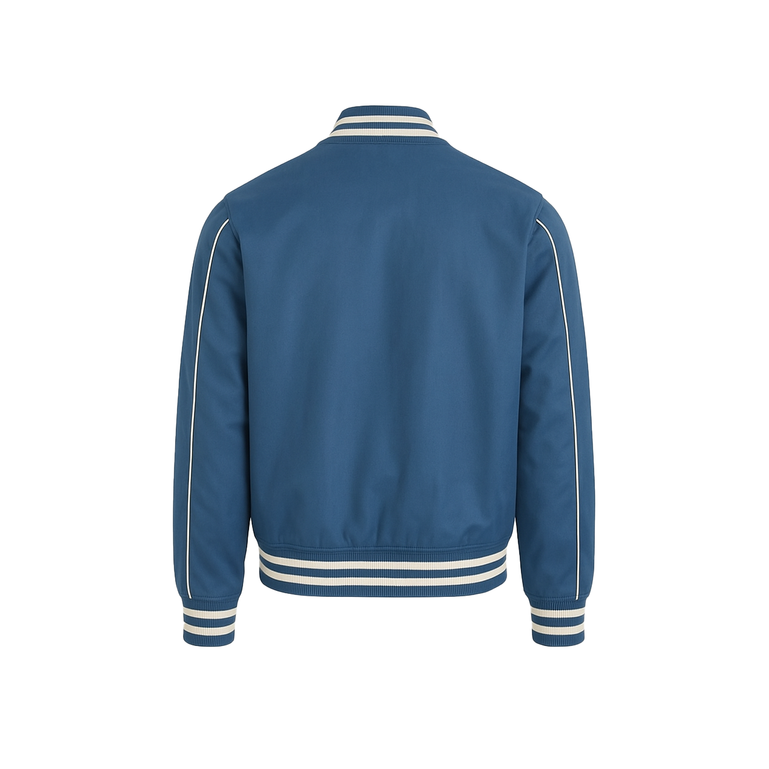 Blue jacket with white trim on a white background