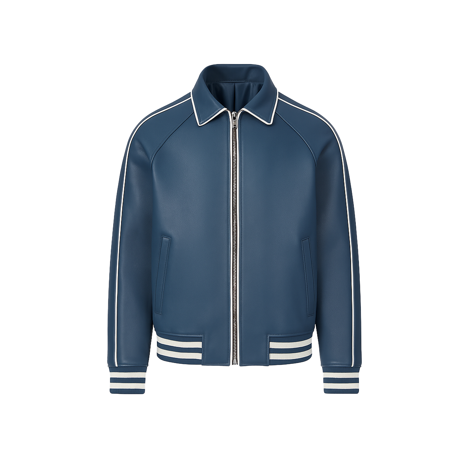 Blue jacket with white accents on a white background