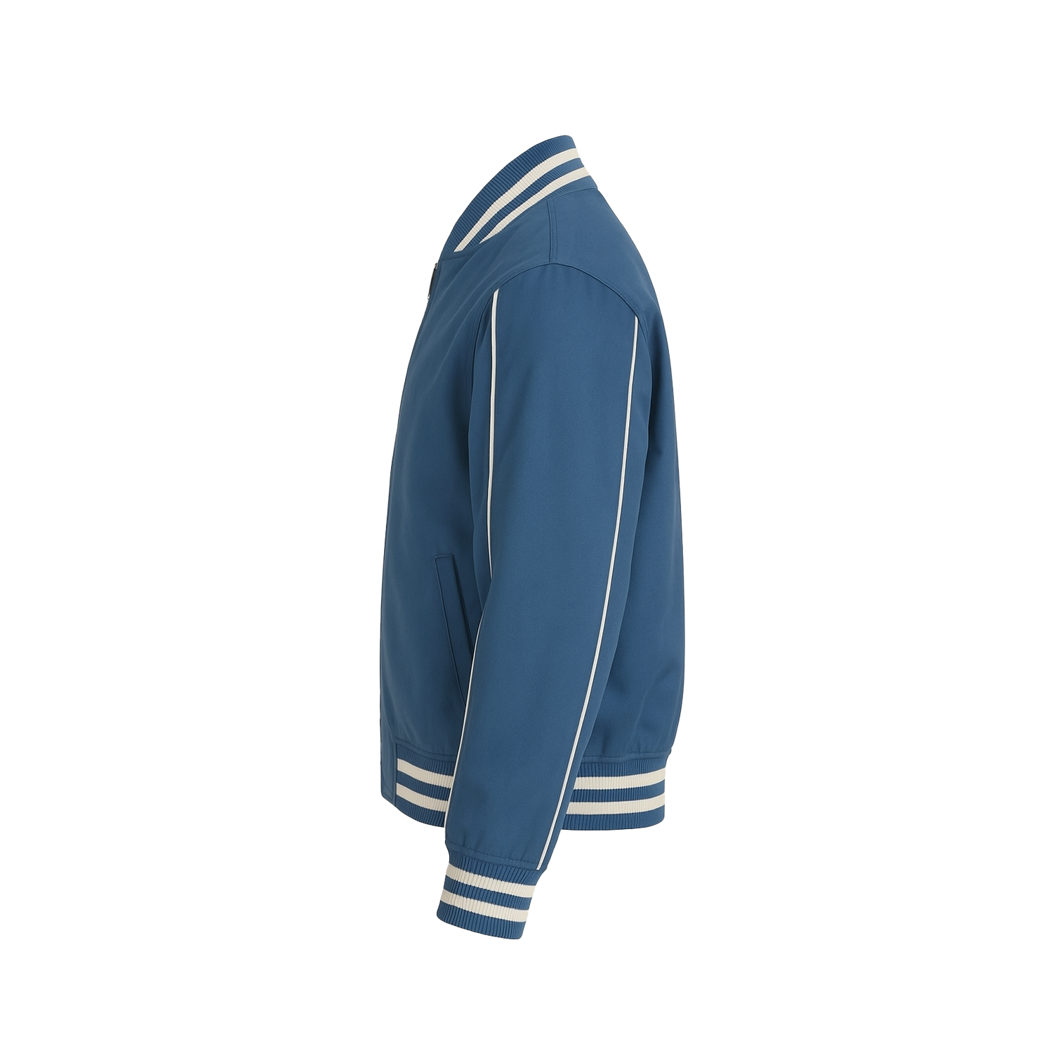 Blue jacket with white accents on a white background