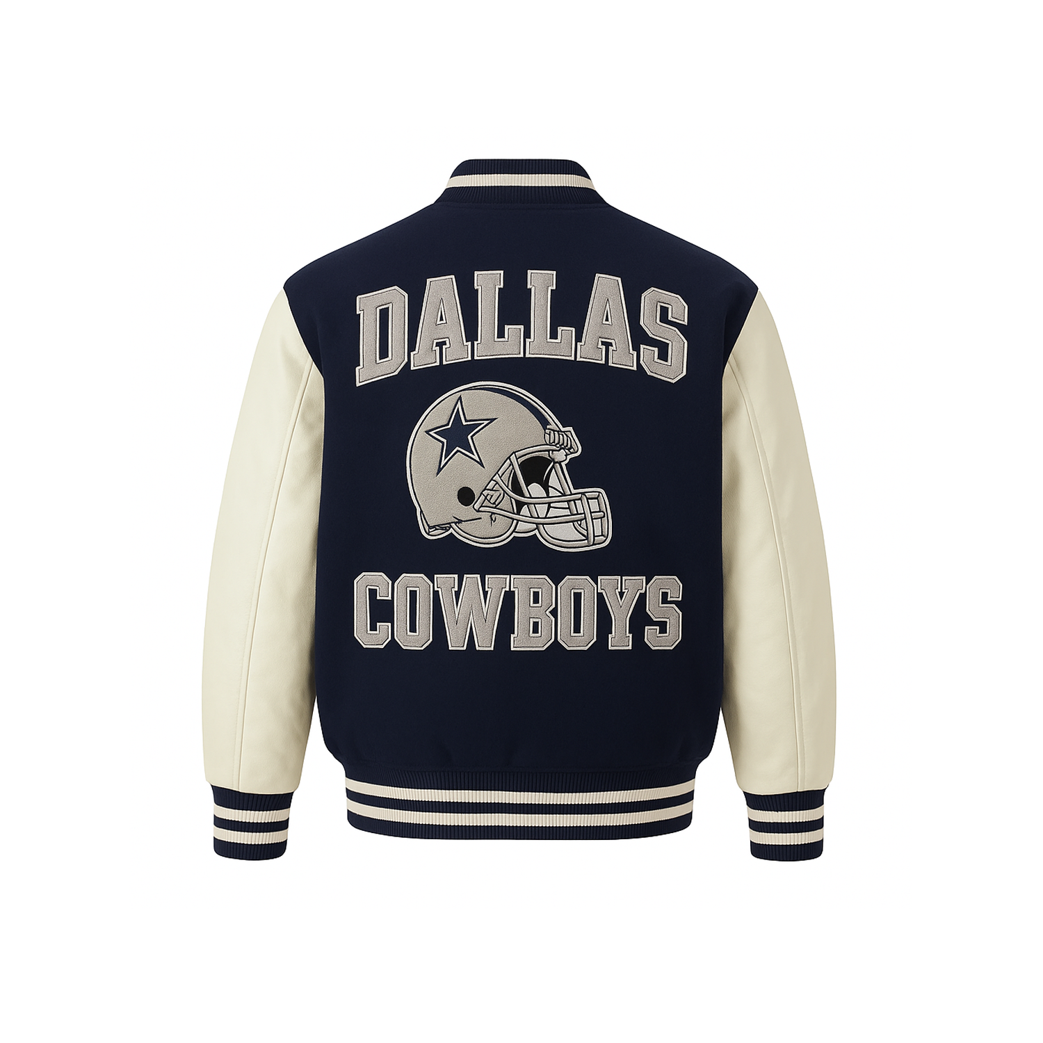Dallas Cowboys varsity jacket with helmet logo on a white background