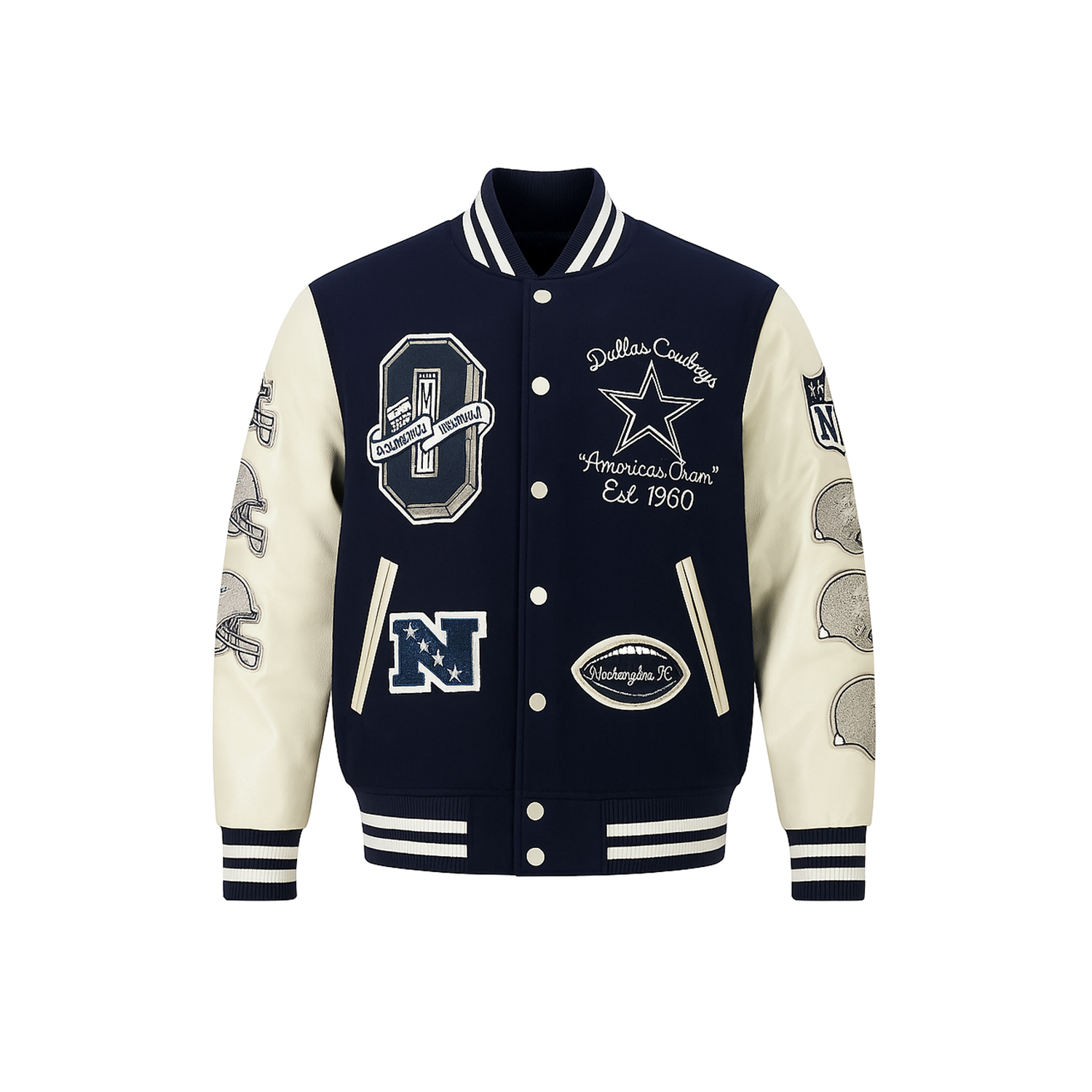 Navy and beige varsity jacket with embroidered logos on a white background