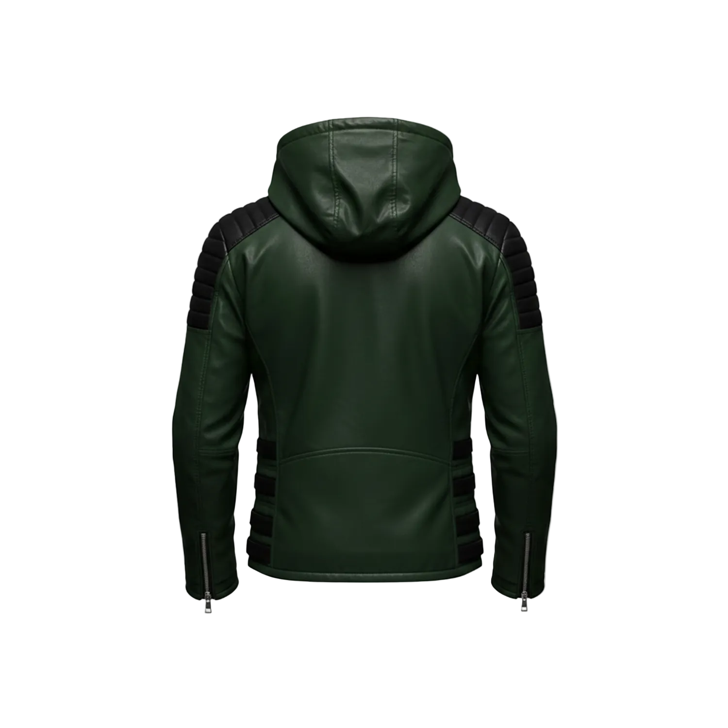 Green leather jacket with black accents on a white background