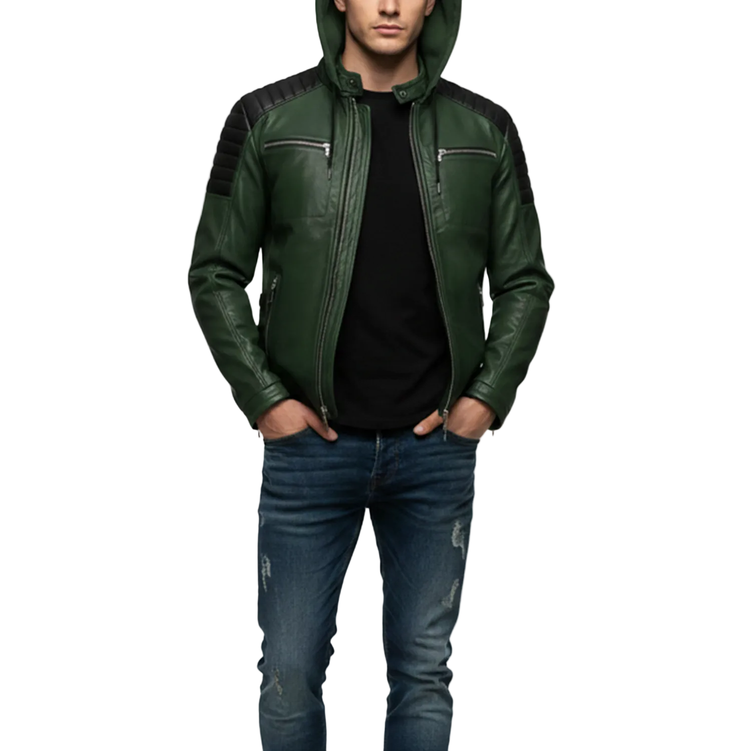 Man wearing a green leather jacket with a hood on a white background