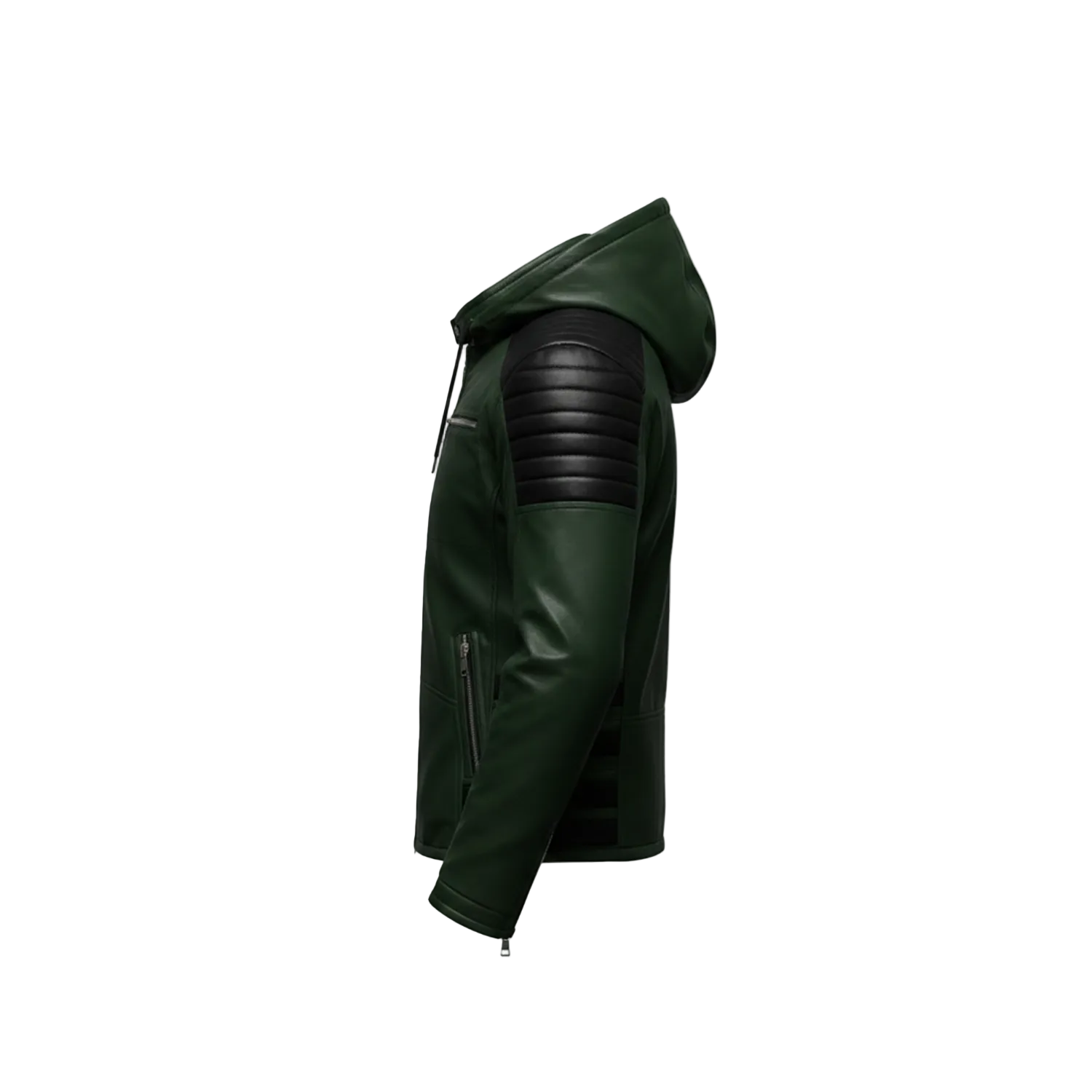 Green hooded jacket with black leather shoulder panels on a white background