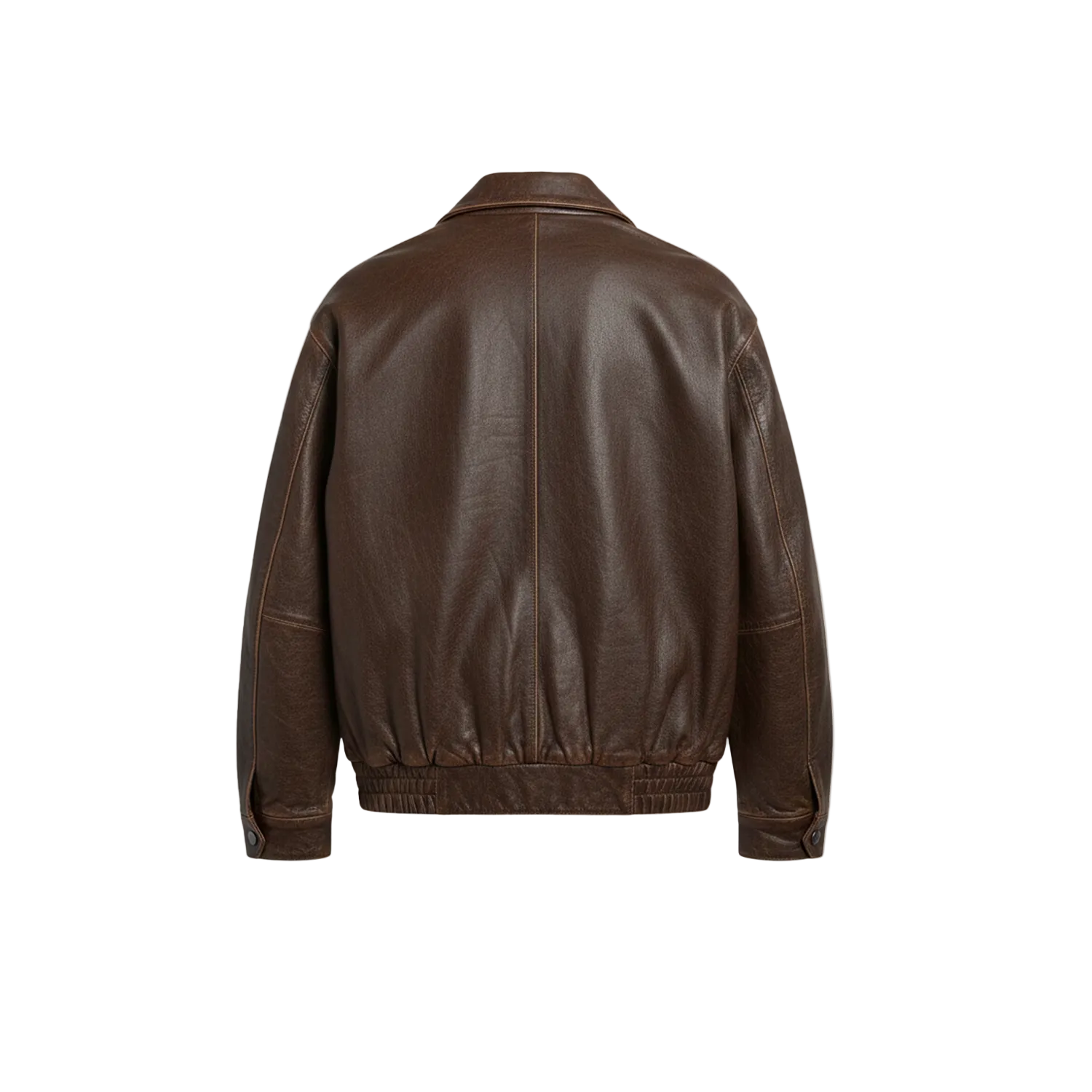Brown leather jacket on a white background with a brand logo.