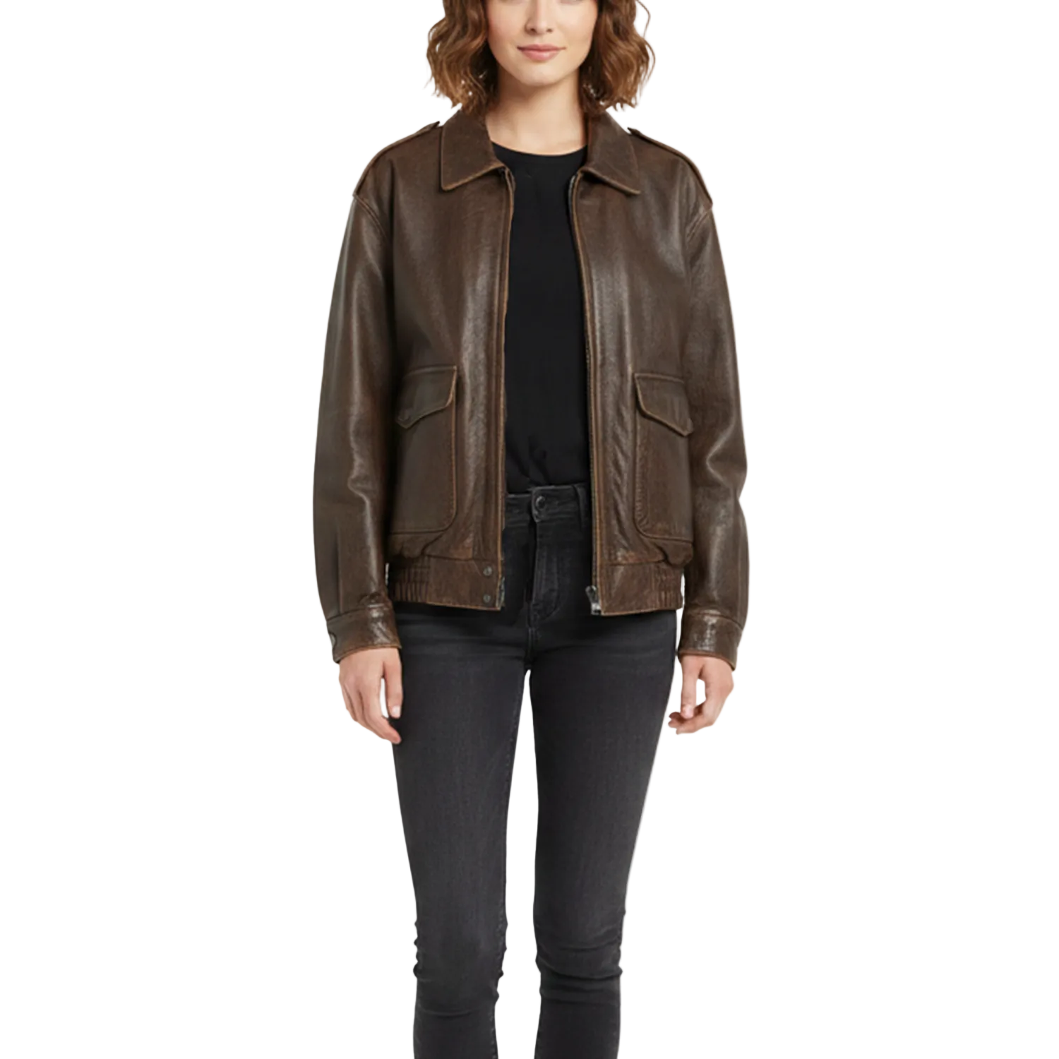 Brown leather jacket worn by a person on a white background