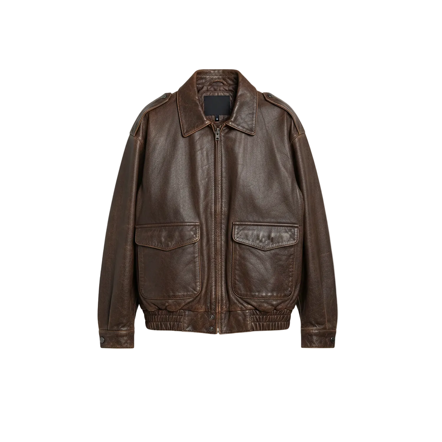 Brown leather jacket on a white background with a brand logo.