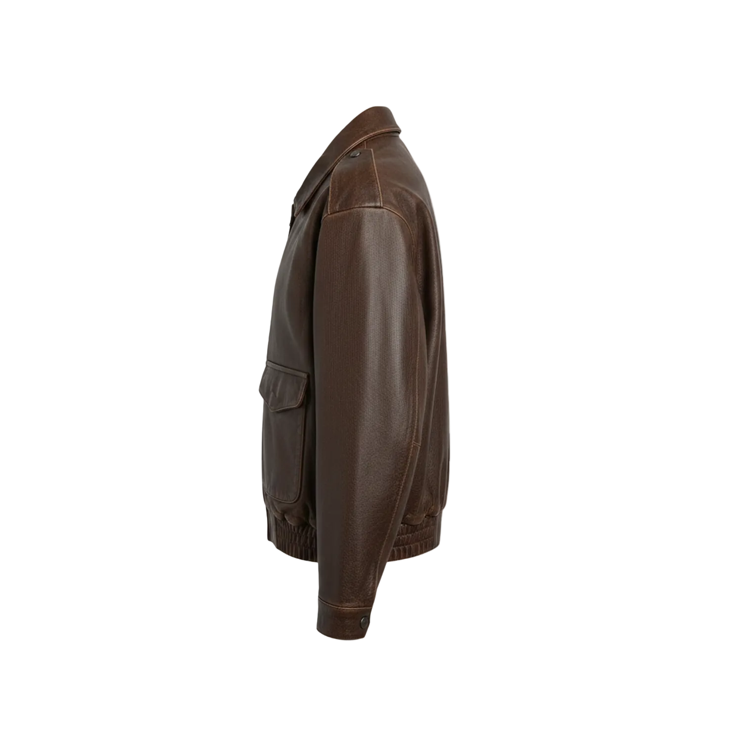 Brown leather jacket on a white background with a brand logo.