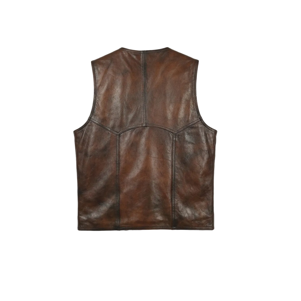 Brown leather vest on a white background with a brand logo in the corner.