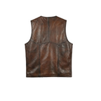 Brown leather vest on a white background with a brand logo in the corner.