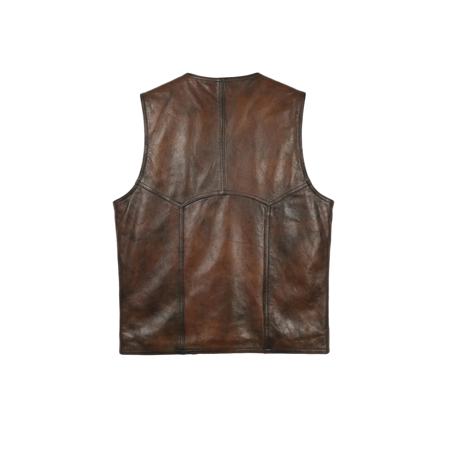 Brown leather vest on a white background with a brand logo in the corner.