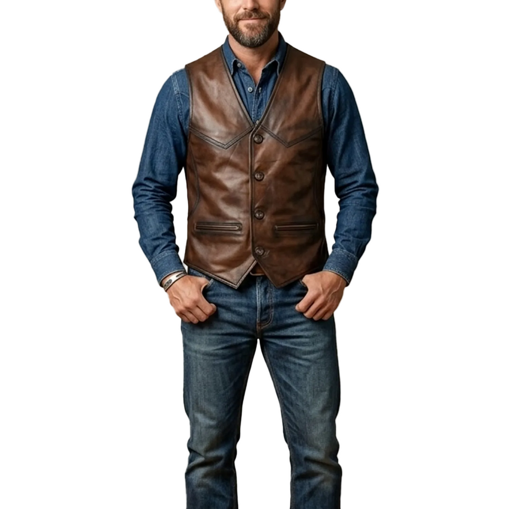 Man wearing a brown leather vest over a blue shirt and jeans on a white background
