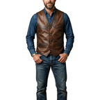 Man wearing a brown leather vest over a blue shirt and jeans on a white background