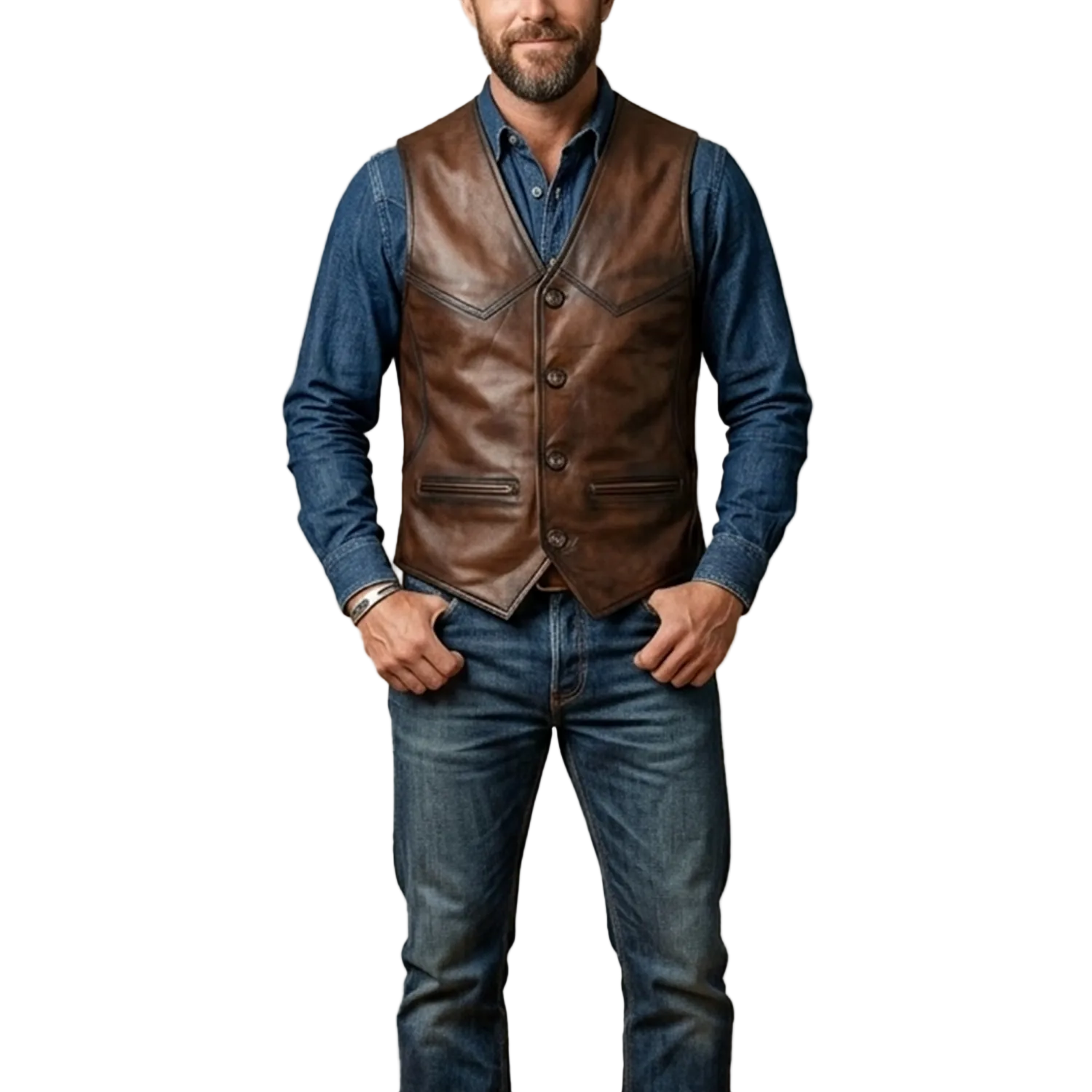 Man wearing a brown leather vest over a blue shirt and jeans on a white background