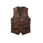 Brown leather vest on a white background with a brand logo in the corner.