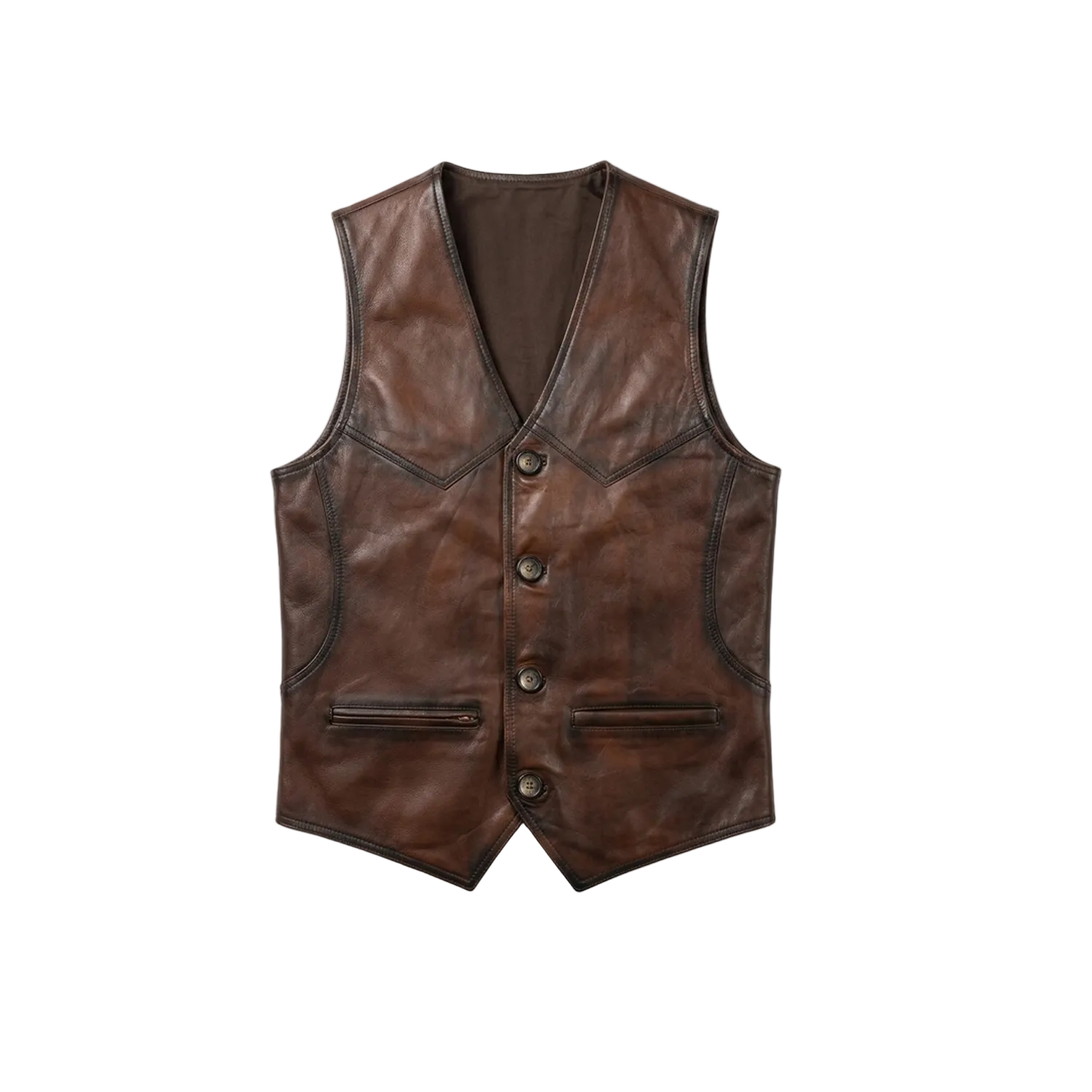 Brown leather vest on a white background with a brand logo in the corner.