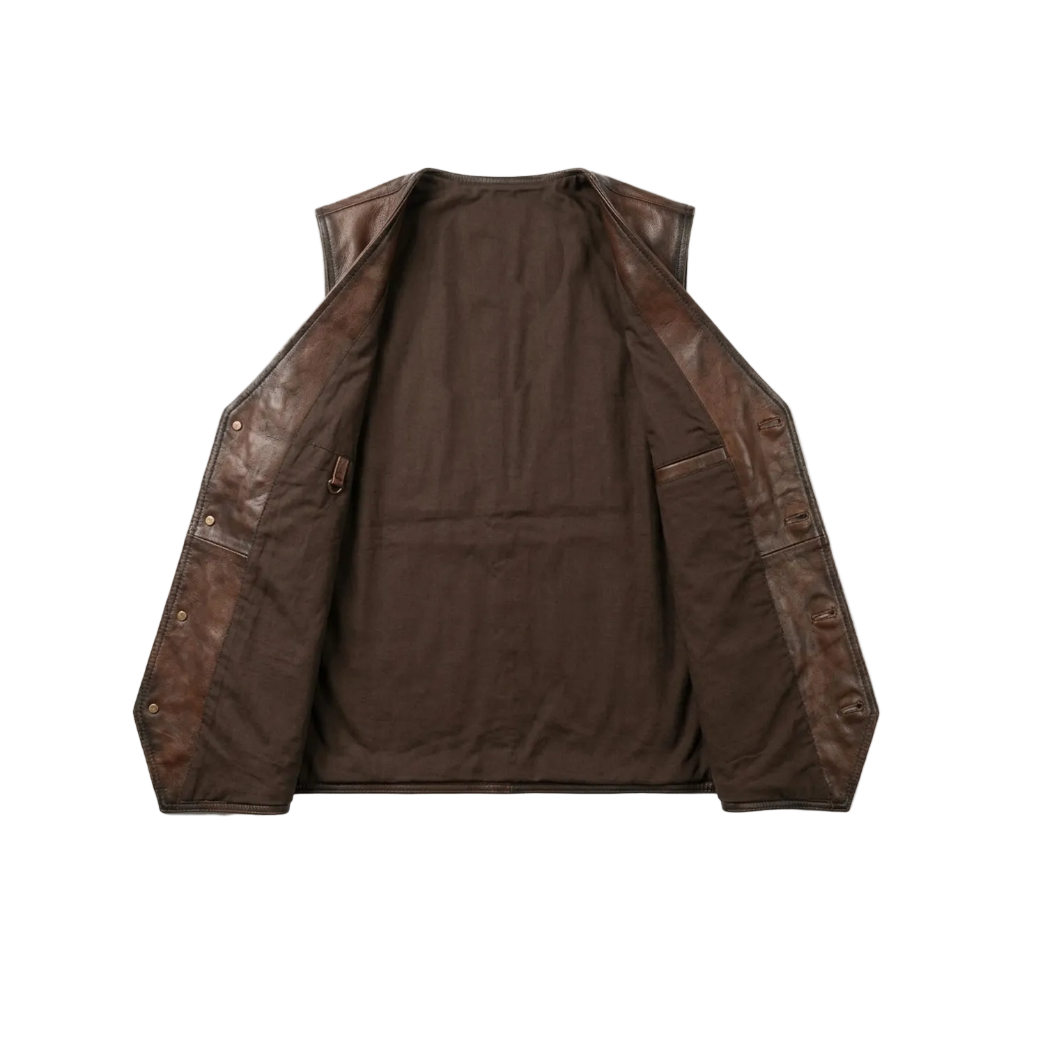Brown leather jacket on a white background with a brand logo.