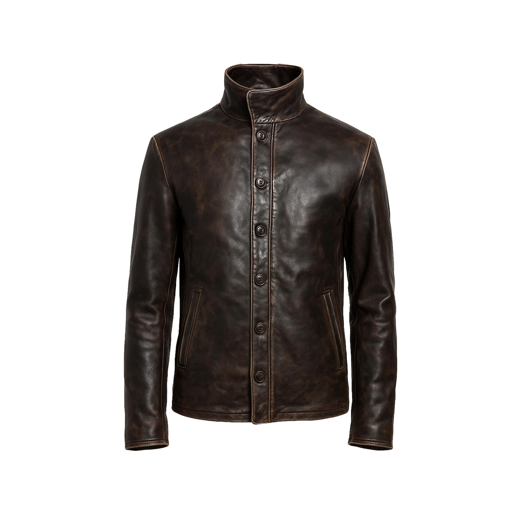 Brown leather jacket on a white background