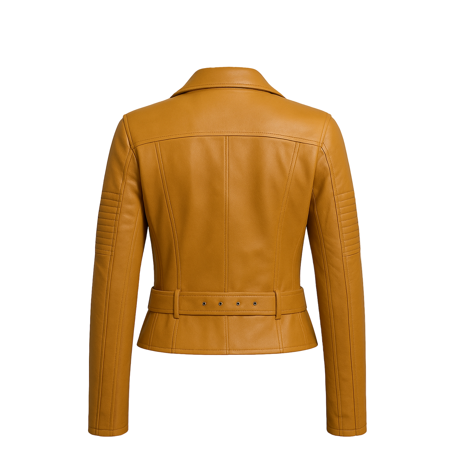 Tan leather jacket on a white background with a brand logo.