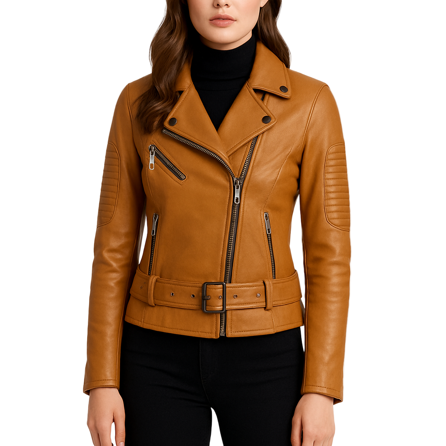 Brown leather jacket worn by a model on a white background