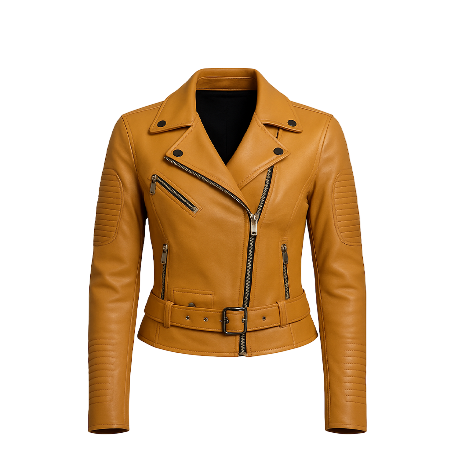 Tan leather jacket with zippers on a white background