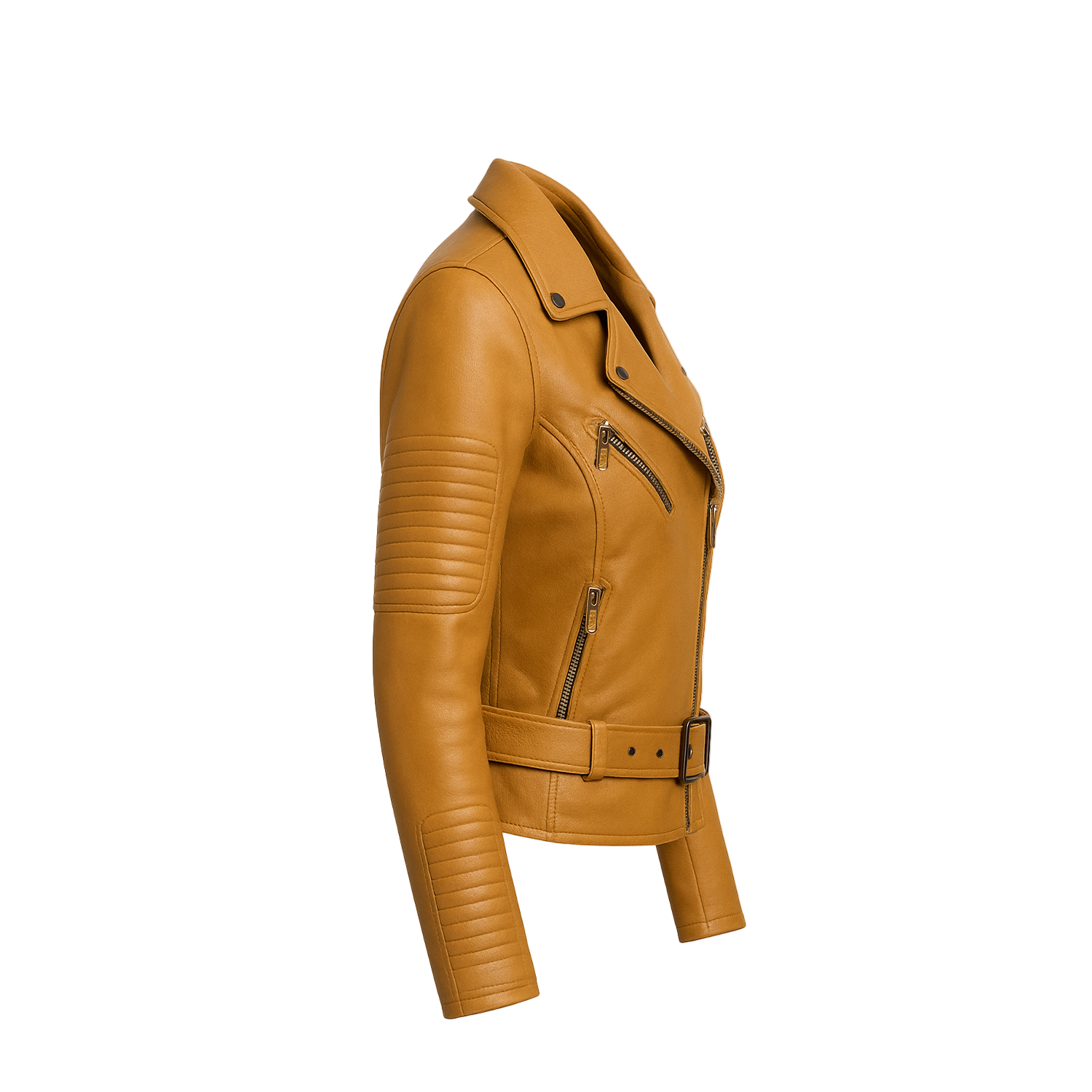 Tan leather jacket with zippers on a white background