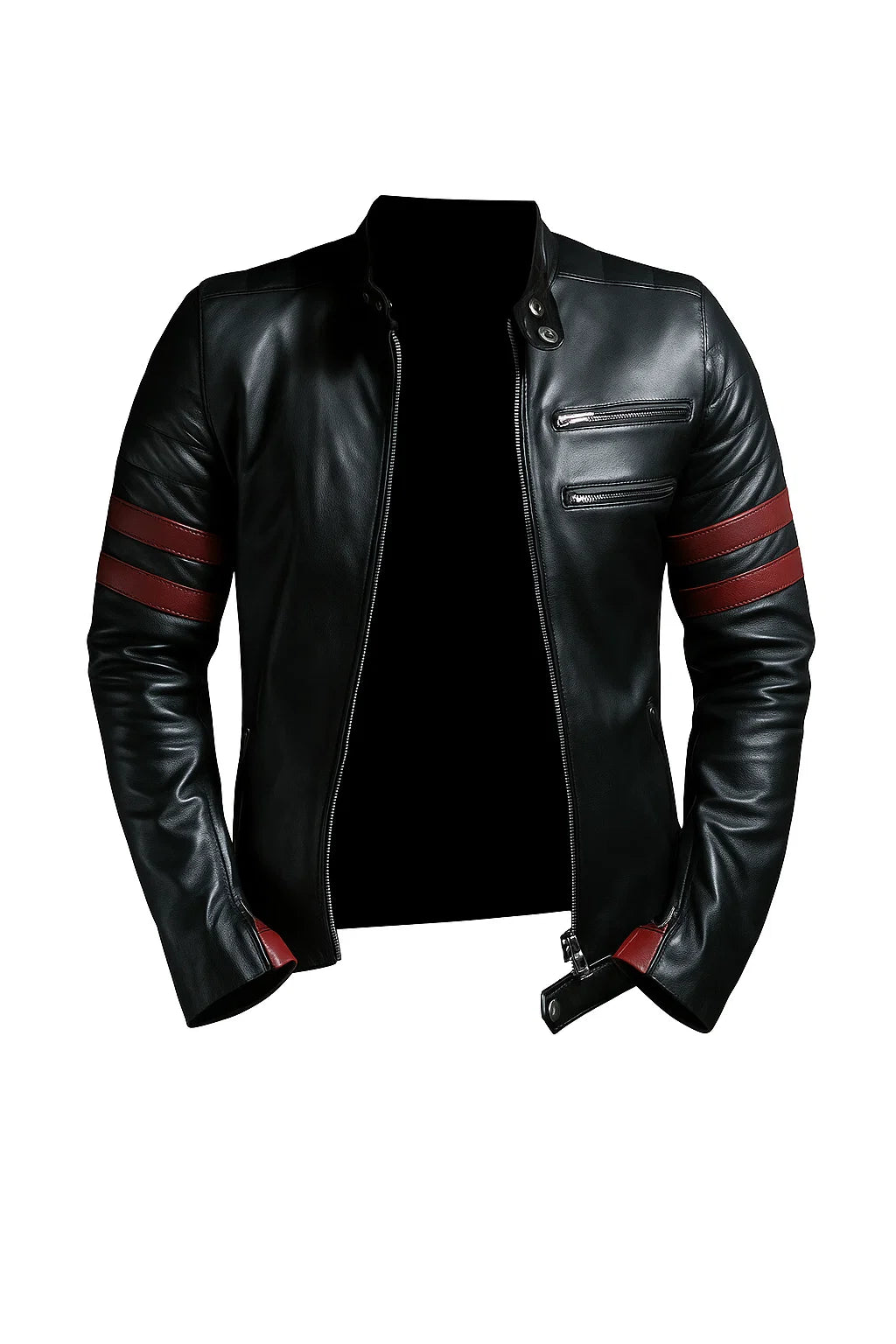 Men’s Black & Red Genuine Lambskin Leather Biker Jacket
